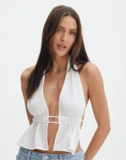 Split Front Open Back Halter Top -Style Fashion Fit ainsley apron blouse white front bv108528tex