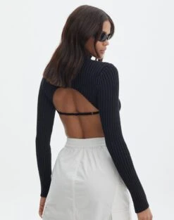 Cropped High Neck Backless Long Sleeve Knit Top -Style Fashion Fit bearman backless funnel top black back kl111146knt