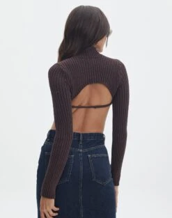 Cropped High Neck Backless Long Sleeve Knit Top -Style Fashion Fit bearman backless funnel top its soy cute back kl111146knt
