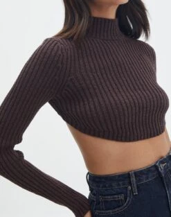 Cropped High Neck Backless Long Sleeve Knit Top -Style Fashion Fit bearman backless funnel top its soy cute imageback kl111146knt