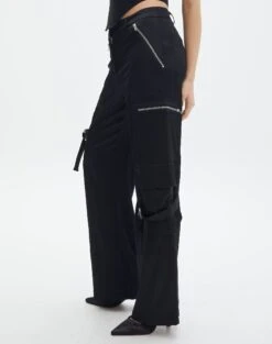 Satin Zip Pocket Cargo Pants -Style Fashion Fit bella satin cargo pants black detail pw106522sat