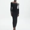 Ribbed Off Shoulder Long Sleeve Maxi Dress -Style Fashion Fit boston bardot knit dress black front kd109828rib