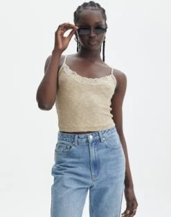 Ringspun Low Rise Denim Skirt -Style Fashion Fit candice lace trim knit cami neutralgold front kv110820knt