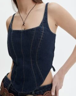 Tie Back Denim Square Neck Corset Bustier -Style Fashion Fit co arizona denim corset last rodeo indigo imageback bv102322rdnm