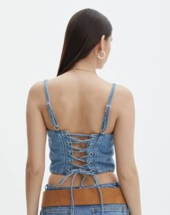 Tie Back Denim Square Neck Corset Bustier -Style Fashion Fit co arizona denim corset riley vintage wash back bv102322rdnm