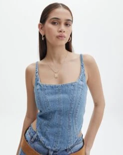 Denim Halter Top -Style Fashion Fit co arizona denim corset riley vintage wash front bv102322rdnm 2