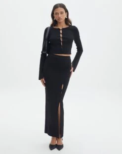 Ribbed Knit Button Side Maxi Skirt -Style Fashion Fit co darby button down knit midi skirt black front sl109336knt