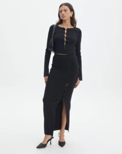 Ribbed Knit Button Side Maxi Skirt -Style Fashion Fit co darby button down knit midi skirt black full sl109336knt