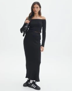 Off Shoulder Flared Long Sleeve Top -Style Fashion Fit co gigi panelled rib maxi skirt black front sl127198rib