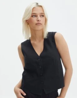 Faux Leather Tie Back Scarf Top -Style Fashion Fit co harley linen vest black front bv128737tlin