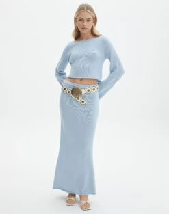 Double Button Knee Length Denim Skirt -Style Fashion Fit co lardee knit tie waist maxi ice cap front sl47099knt