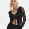 Tie Front Lace Frill Blouse -Style Fashion Fit co lotus lace cardigan black front tc120746lac 1