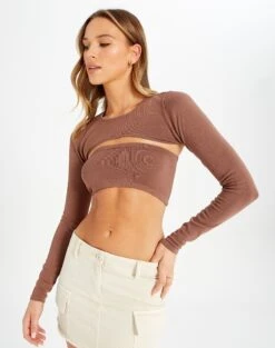 Ribbed Knit Long Sleeve Shrug -Style Fashion Fit co midas shrug shiitake detail kl54070cre