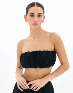 Muslin Ruched Bandeau Top -Style Fashion Fit co mimi blouse black front bv90902omus