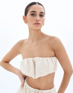 Muslin Ruched Bandeau Top -Style Fashion Fit co mimi blouse rice cake front bv90902omus