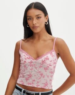 Floral Print Mesh Lettuce Trim Cropped Cami