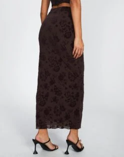 Burnout Mesh Lettuce Trim Midi Skirt -Style Fashion Fit co sabrina burnout mesh maxi soy blooms back sl53303bur