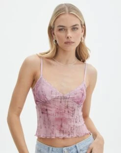 Print Mesh Strapless Top -Style Fashion Fit co sabrina mesh cami baby doll script front tv54660rprt 1