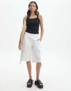 Linen Blend Tie Waist Shorts -Style Fashion Fit craig longline cargo jort white front sw120043cot