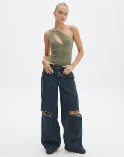 Supersoft One Shoulder Cut Out Bodysuit -Style Fashion Fit dua one shoulder cut out bodysuit lt khaki full tb88291pch