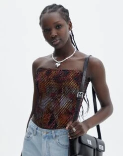 Floral Print Mesh Lettuce Trim Cropped Cami -Style Fashion Fit freya fishnet corset fuschia clash front tv104708fcc 1