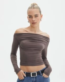 Ruched Off The Shoulder Top -Style Fashion Fit genie ruched off the shoulder top irish coffee front tl124186vis