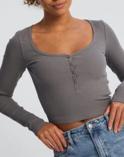 Long Sleeve Button Scoop Neck Top -Style Fashion Fit harrison henley longsleeve keep your coal imageback tl114637ocot