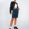 Double Button Knee Length Denim Skirt -Style Fashion Fit ingrid denim skirt coyote blue front ss109349dnm