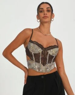 Printed Mesh Crop Corset Top -Style Fashion Fit kurbie corset jungle leo front ut91413jnl