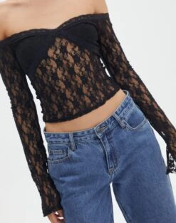 Off Shoulder Lace Long Sleeve Top -Style Fashion Fit lexi longsleeve lace top black imageback tl116985lac