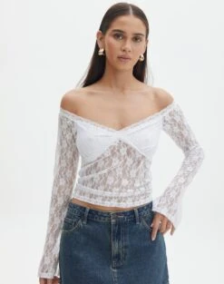 Off Shoulder Lace Long Sleeve Top -Style Fashion Fit lexi longsleeve lace top white front tl116985lac