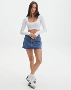 Pointelle Curve Hem Cropped Long Sleeve Top -Style Fashion Fit lilian long sleeve bow top white full tl81089pnt