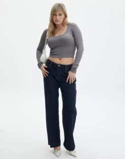 Scoop Neck Long Sleeve Crop Top -Style Fashion Fit mylie wide rib scoop keep your coal full tl111290vis