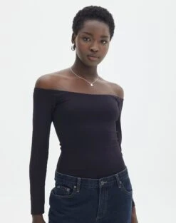 Denim Maxi Skirt -Style Fashion Fit olive off the shoulder bodysuit longsleeve black front tb97721pch 1