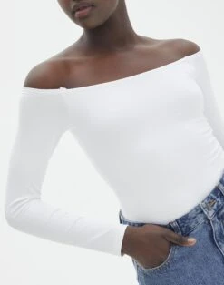 Supersoft Off The Shoulder Longsleeve Bodysuit -Style Fashion Fit olive off the shoulder bodysuit longsleeve white imageback tb97721pch