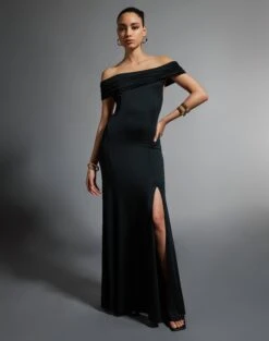 Panelled Knit Long Sleeve Maxi Dress -Style Fashion Fit ophelia off shoulder black front dl138484pln 1