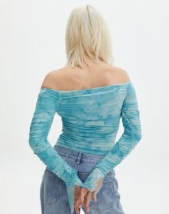 Ruched Print Mesh Off The Shoulder Top -Style Fashion Fit oreo off the shoulder top aqua tie dye back tl124256rprt