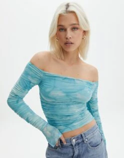 Ruched Print Mesh Off The Shoulder Top -Style Fashion Fit oreo off the shoulder top aqua tie dye front tl124256rprt