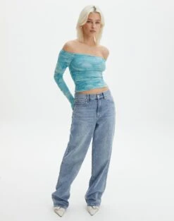 Ruched Print Mesh Off The Shoulder Top -Style Fashion Fit oreo off the shoulder top aqua tie dye full tl124256rprt