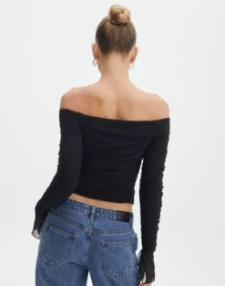 Ruched Mesh Off The Shoulder Top -Style Fashion Fit oreo off the shoulder top black back tl124256rmsh