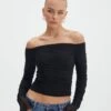 Ruched Mesh Off The Shoulder Top -Style Fashion Fit oreo off the shoulder top black front tl124256rmsh