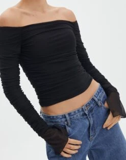 Ruched Mesh Off The Shoulder Top -Style Fashion Fit oreo off the shoulder top black imageback tl124256rmsh