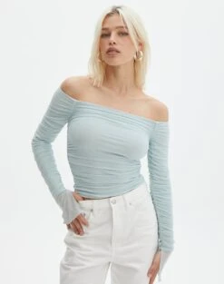 Ruched Mesh Off The Shoulder Top -Style Fashion Fit oreo off the shoulder top mist me front tl124256rmsh