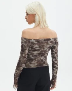 Ruched Print Mesh Off The Shoulder Top -Style Fashion Fit oreo off the shoulder top soy coffee tie dye back tl124256rprt