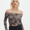 Ruched Print Mesh Off The Shoulder Top -Style Fashion Fit oreo off the shoulder top soy coffee tie dye front tl124256rprt