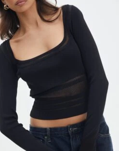 Panelled Knit Long Sleeve Top -Style Fashion Fit pinny panelled longsleeve black imageback kl114624vn