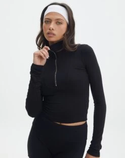 Supersoft Cut Out High Neck Crop Tank -Style Fashion Fit quinn quarter zip top black front tl93138mod 1