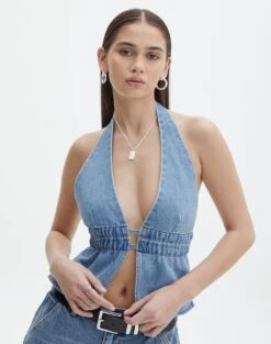 Denim Panelled Strapless Corset -Style Fashion Fit r dane apron blouse riley vintage wash front bv108528rdnm