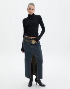 Denim Midi Front Split Skirt -Style Fashion Fit r rita denim midi hemmed skirt darjeeling front sl55242rden 1