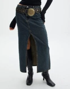 Denim Midi Front Split Skirt -Style Fashion Fit r rita denim midi hemmed skirt darjeeling full sl55242rden